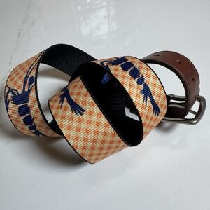 Tucker Blair‎ Lobster Gingham Web Belt Mens 36 Orange Blue Preppy Leather Trim